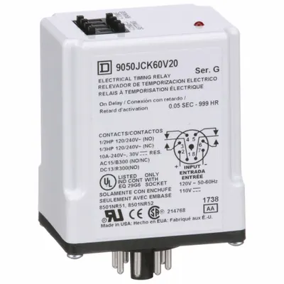 SCHNEIDER Single Function Time Delay Relay: Socket Mounted, 120V AC, 10 A - Socket-Mounted Relays
