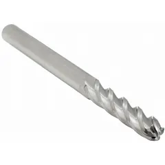 This carbide ball end mill features 4 flutes and a 7/16" mill diameter with a 3" length of cut and 6" overall length. It is used for contouring, slotting, and profiling in CNC machining, producing smooth curved surfaces for 3D machining applications.