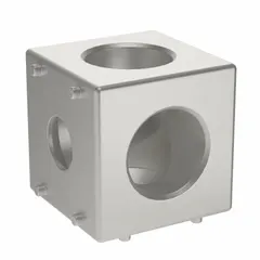 Aluminum corner cube connector from the 45 Series, measuring 45 mm x 44.9 mm x 45 mm with three holes. Lacquer finish. Used to join T-slot aluminum framing profiles at 90-degree angles for constructing industrial structures, machine guards, workstations, and conveyor systems.