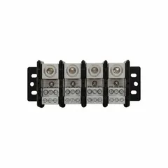 Open power distribution block with aluminum construction and lug-to-lug connections. Accepts line side wire sizes from 6 AWG to 350 kcmil. Designed for surface mounting in industrial control panels, switchgear, and machinery.