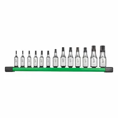 This 13-piece set includes tamper-proof Torx bit sockets with a fixed insert design, covering sizes T8 to T60. The 3/8" drive sockets are used for driving security Torx fasteners in industrial assembly, maintenance, and repair applications where unauthorized removal is prevented.