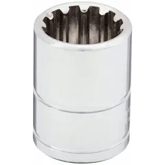This 1/4" drive hand socket features a spline drive and a 1/2" SAE socket size. It has a standard depth with a chrome finish and an overall length of 1 inch. Suitable for turning fasteners in confined spaces during automotive, industrial, and general maintenance tasks.