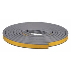 Flat D-section rubber foam seal with standard self-adhesive mounting. Gray color, 10 ft overall length. Used to seal gaps around doors and windows against drafts, dust, and moisture.