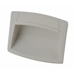 Plastic angled inset pull handle with a rectangular tray design and matte white finish. Overall length 4.7 in. Snap-in mounting for recessed installation. Used on enclosures, panels, and trays where a flush, low-profile grip is required.