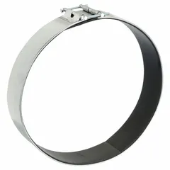 Round duct connector clamp for joining sections of 16-inch round spiral ductwork in HVAC and ventilation systems. Constructed with a steel base, silver finish, neoprene fabric seal, and polyethylene seal material. Uses a double-bolt connection for secure assembly. Dimensions: 3 1/2 inches length, 16 inches width.