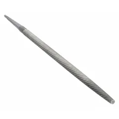 This round file features a single-cut, safe edge design with a second cut for controlled material removal. It is tapered slightly towards the point and has a natural finish. Commonly used for enlarging holes, shaping curved surfaces, and deburring internal radii in metalworking.