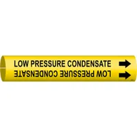 Yellow pipe marker with black legend text reading 'Low Pressure Condensate' and directional arrows. Fits pipe outer diameters of 4 to 6 inches. Snap-on design for quick installation on low pressure condensate lines in steam and HVAC systems