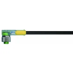Single-ended cordset with a female right-angle M12 connector on one end and bare wire on the other. Features 5 pins, 22 AWG wire, 1 m cable length, 4 A max current, and IP67 rating. Black PUR jacket suitable for twisting applications. Commonly used to connect sensors or actuators in industrial automation and robotics.