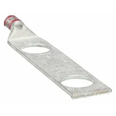 This two-hole compression lug is designed for terminating 8 AWG stranded copper wire. It features a standard copper barrel and an inspection hole to verify full conductor insertion. Suitable for use in power distribution panels, motor control centers, and heavy equipment requiring secure, low-resistance terminations.