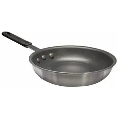 This 12 1/2-inch non-stick fry pan features an aluminum body with a silver finish and a gray riveted aluminum handle. The Teflon coating provides a release surface for cooking. NSF certified for commercial use, it is suited for food service environments requiring frequent cleaning.