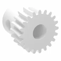 Metric worm wheel, module m 0.5, 20° pressure angle, right-hand helix, non-ground tooth finish. Made from acetal. Used in power transmission systems to convert rotary motion between non-intersecting shafts, such as in conveyor drives and indexing tables