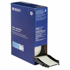 Continuous thermal transfer label roll made of white gloss polyester with glow-in-the-dark properties for indoor use. Measures 2 inches by 75 feet and is compatible with the M710 printer series. Designed for industrial identification and marking where visibility in low light is required.