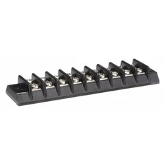 This 9-pole surface mount barrier strip accepts wire sizes from 22 AWG to 12 AWG and is rated for 20 A maximum current. It is designed for use in control panels, junction boxes, and equipment wiring where a compact multi-pole terminal block is required. Cover is not included.