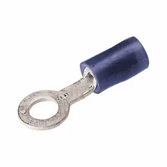 Nylon-insulated ring terminal for 16-14 AWG wire, rated 600 V. Features blue insulation, #10/#8 stud size, and funnel entry for easier wire insertion. Used for terminating wires in electrical connections requiring a secure, vibration-resistant termination.