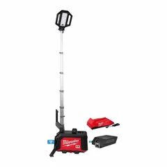 72V DC tripod light delivering up to 15,000 lumens with two selectable modes. Extends to 96 inches maximum height for elevated illumination on construction sites, maintenance areas, and outdoor work zones.