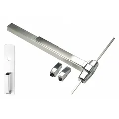 Surface vertical rod exit device with touchbar and night latch. Chrome finish. For doors up to 3 ft wide. Suitable for commercial egress applications.