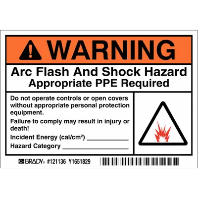 BRADY Permanent Adhesive Label: Vinyl, Adhesive Sign Mounting, 3 1/2 in x 5 in Nominal Sign Size - Arc Flash And Shock Hazard Appropriate PPE Required Do Not Operate Controls Or Open Covers Without Appropriate Personal Protection Equipment Signs