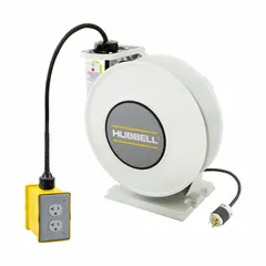Self-retracting cord reel with ratchet lock mechanism for organized cord management. Includes 45 ft of 12 AWG SJO cord with NEMA 5-20P feeder plug and NEMA 5-20R retractable receptacle. Suitable for supplying power to tools and equipment in industrial and commercial environments.