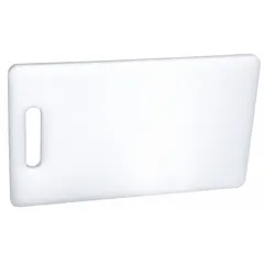 This white polyethylene cutting board measures 9 inches in overall length and 6 inches in overall width. It is NSF Certified, making it suitable for food preparation in commercial kitchens and food service environments where sanitation compliance is required.