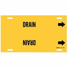Yellow pipe marker with black 'Drain' legend and directional arrows. Fits pipe outer diameters of 10 to 15 inches. Single marker for identifying drain piping in industrial facilities.