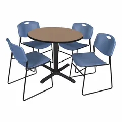 This movable table features a 1-inch thick laminate oak tabletop with a circle shape and a black metal frame. The 29-inch overall height is suitable for seated use in breakrooms, cafes, or light commercial dining areas. A handle is included for easy repositioning.