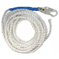 Polyester rope lifeline with steel snap hook and taped end. Rated for one worker per system with 310 lb capacity. Used with rope grabs, shock-absorbing lanyards, full body harnesses, and anchorages for fall protection