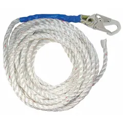 Polyester rope lifeline with steel snap hook and taped end. Rated for one worker per system with 310 lb capacity. Used with rope grabs, shock-absorbing lanyards, full body harnesses, and anchorages for fall protection.