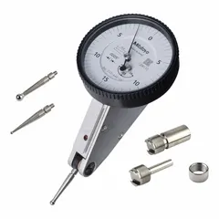 Horizontal and tilted-face dial test indicator with 0.0005 in graduation and 0-15-0 dial reading. Includes contact point, knurled clamp ring, 0.157" and 3/8" stems, and Certificate of Calibration. Used for comparative measurements of flatness, runout, and alignment in machining and inspection.