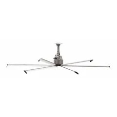 Industrial HVLS ceiling fan with 10 ft blade diameter, variable speed control, and 230/460V AC three-phase power at 1.2 A. Designed for large facilities such as warehouses, distribution centers, and manufacturing plants to improve air circulation and reduce temperature stratification in high-ceiling spaces. No light kit included.