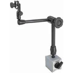 Magnetic base indicator holder with articulating arm, fine adjust top and bottom, and on/off knob. Features a 10 in arm, M8 x 1.25 mounting thread, and base dimensions 55 mm L x 50 mm W x 60 mm H. Used to secure dial indicators or test indicators for precise measurements on ferrous surfaces in machining and inspection setups.