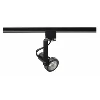 Incandescent spot track head for accent or directional lighting in commercial and industrial settings. Spot shape provides focused illumination. Black finish, 2 1/8 in diameter, 2 1/2 in length, 50 W