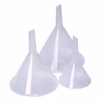 This set of three polypropylene funnels includes diameters of 37 mm, 56 mm, and 67 mm, each with a 30 mm stem length. Colorless and designed for general laboratory liquid transfer and filtration tasks, they accommodate various flask and beaker sizes