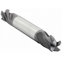 This double-end carbide square end mill features an AlTiN coating for heat resistance and extended tool life. With 4 flutes, a 1/4" mill diameter, and a 1/2" length of cut, it is suited for precision slotting, profiling, and contouring in metalworking, producing 90° shoulders and flat-bottomed slots. The double-end design provides two usable cutting edges per tool.
