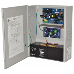 Steel-enclosed power supply board converting 115V AC input to simultaneous 24VDC output at 3A. Suitable for access control, security, and fire alarm systems requiring regulated DC power for multiple devices.