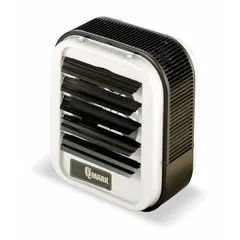 This QMARK unit heater is designed for wall or ceiling mounting in commercial and industrial spaces such as workshops, warehouses, and loading docks. It operates on 208V AC, 1-phase power and measures 16 inches high by 14 inches wide by 7-1/2 inches deep.