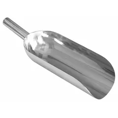 Silver stainless steel hand scoop with 17 in overall length and 6 in overall width. Suitable for hygienic transfer of dry ingredients in food processing, pharmaceutical, and cleanroom environments.