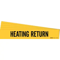 Yellow adhesive pipe markers with black legend text reading 'Heating Return', designed for pipes with an outer diameter of 8 inches and larger. Each pack contains 5 markers without directional arrows. Used to identify heating return piping in industrial facilities for clear visual indication of system flow.