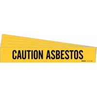 Yellow adhesive pipe marker with black legend reading 'Caution Asbestos'. Designed for pipe outer diameters from 2-1/2 to 7-7/8 inches. Pack of 5 includes 1 marker without directional arrows. Used to identify piping containing asbestos in industrial and facility settings