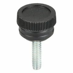 Knurled knob with threaded stud, 0.75 in diameter, #10-24 thread, 0.75 in thread length. Plastic body with steel threaded stud. Used for manual adjustment, clamping, or positioning on machinery, fixtures, or panels.