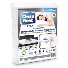 Waterproof mattress encasement for twin-size mattresses and box springs. Made of white polyester cover with polyester-blend pad. Overall dimensions 72 in length, 38 in width, compatible with bed height up to 7 in. Fabric weight 3.39 oz.