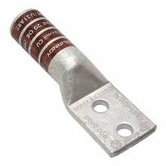 Two-hole compression lug for terminating 500 kcmil stranded copper wire. Features a long copper barrel with a 3/8 in stud size and no inspection hole. Used in high-current electrical connections such as power distribution and switchgear.