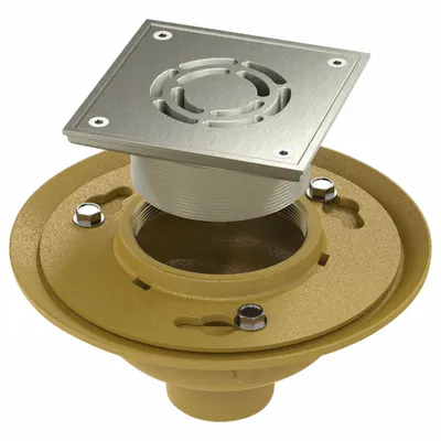 BESTCARE Floor Drain: Square, Stainless Steel, Satin, 9 in Overall Dia, 6 1/4 in Overall Ht - Institutional Floor Drains