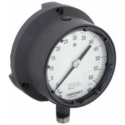 ASHCROFT Process Pressure Gauge: 0 psi to 60 psi, White, 4 1/2 in Dial, 1/2 in NPT Male - Vibration-Resistant All-Stainless Steel Wetted Parts & Casing