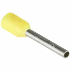 Insulated ferrule for terminating stranded wire into terminal blocks. Yellow nylon construction, 0.04 in ferrule diameter, holds 1 wire. Used in control panels, machinery wiring, and electrical installations to prevent fraying and ensure secure connections.