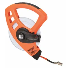KESON FLT18200 open-reel long tape measure with a 200 ft fiberglass blade, SAE graduations in 1/8 in increments, and a nonmagnetic single hook tip. The plastic case houses a single-sided blade for hook-end measurement. Suitable for measuring long distances in construction, surveying, and industrial layout applications.