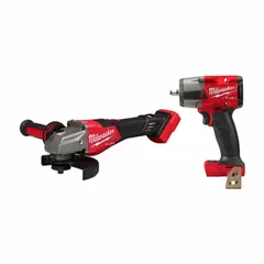 This Milwaukee M18 cordless combo kit includes an angle grinder (3671-20) and an impact wrench (2960-20), both powered by 18 V DC. The angle grinder is suited for cutting and grinding, while the impact wrench provides high-torque fastening. As a tool-only set, batteries and charger are sold separately. Typical applications include metal fabrication, construction, and maintenance tasks.