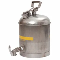 This 5-gallon Type I safety can is constructed from stainless steel with a silver finish. It is designed for storing and dispensing flammable liquids in industrial environments such as workshops and manufacturing facilities.
