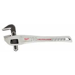This offset pipe wrench has a 14 in overall length and a 2 in jaw capacity. The serrated jaw provides a secure grip on pipes. The ergonomic handle design improves comfort during use. Suitable for turning pipes in confined or offset spaces.