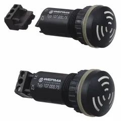 Audible alarm for indoor/outdoor signaling. Operates on 115 to 230V AC, consumes 0.73 W, and has a 28 mm diameter. Black housing. Suitable for machine status, fault alerts, or process warnings in industrial environments.