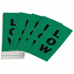 Replenishment labeling kit containing 50 green pipe markers with black 'Low' legend and arrows. Each marker fits pipe outer diameters from 2-1/2 to 7-7/8 inches. Used to identify pipes carrying low-pressure or low-temperature media in industrial facilities, helping comply with pipe-marking standards.